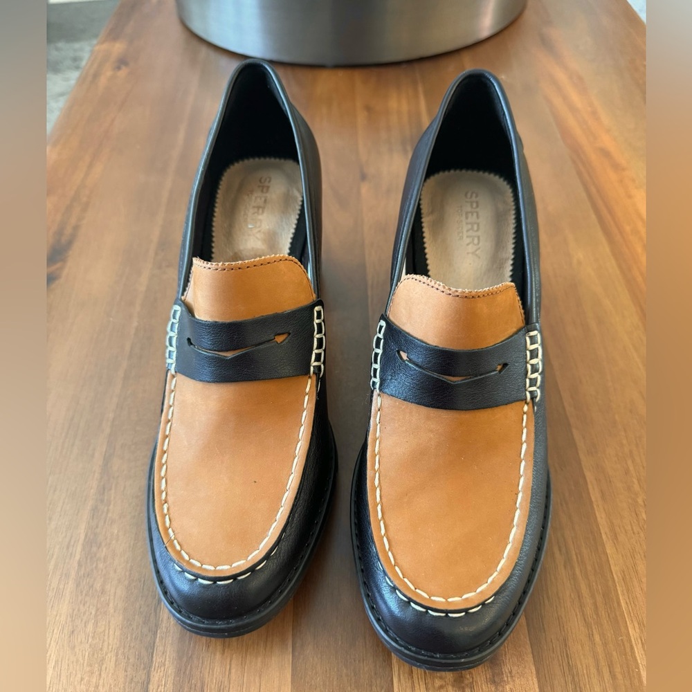 Sperry Black and Tan Leather Heeled Loafers - Picture 2 of 7